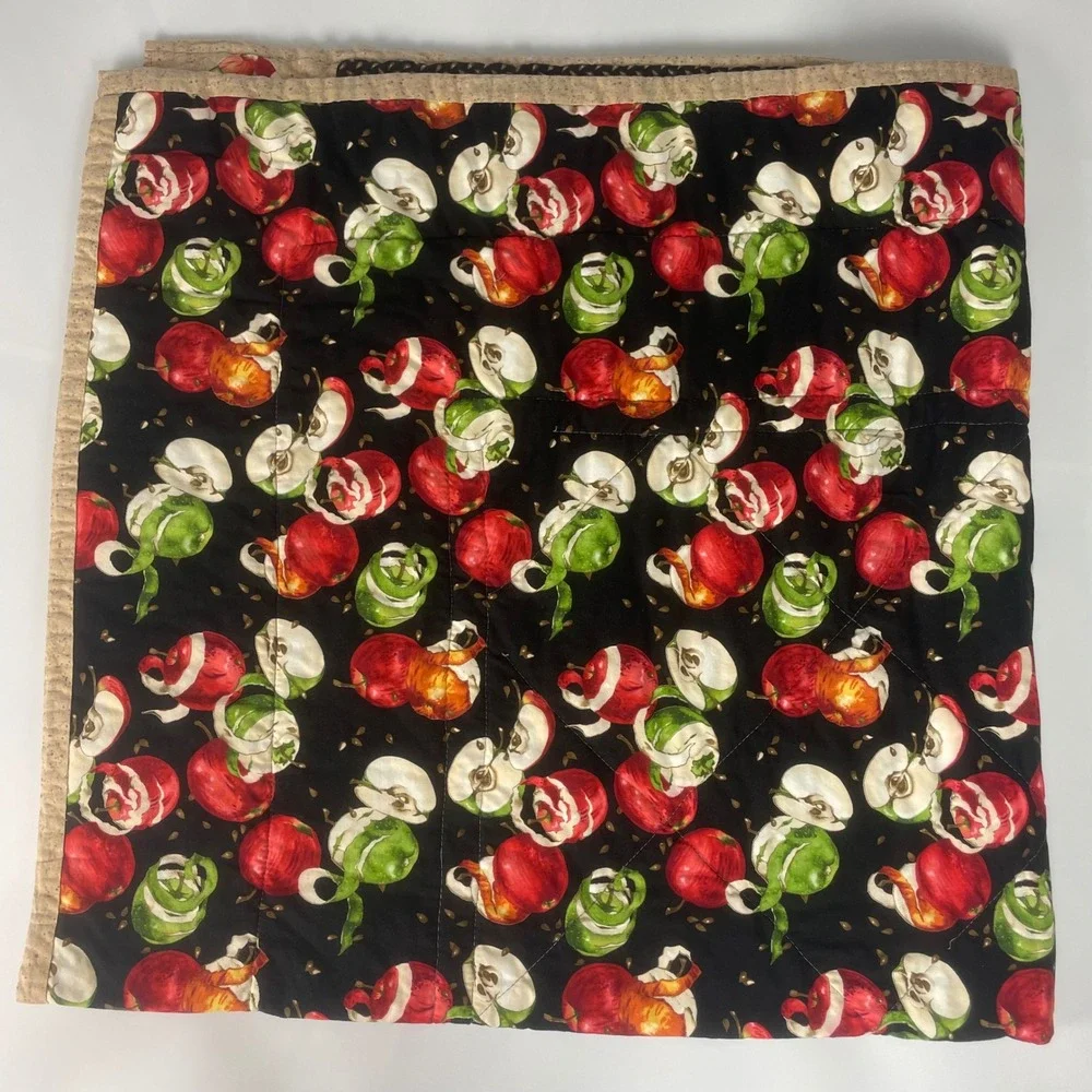 Handmade Autumn Patchwork Quilt Lap Apple Print Checkered Farmhouse Fall Fruit